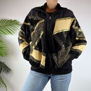 Vintage 80s Indie Grunge Disco Black and Gold Windbreaker Jacket / Size: Small